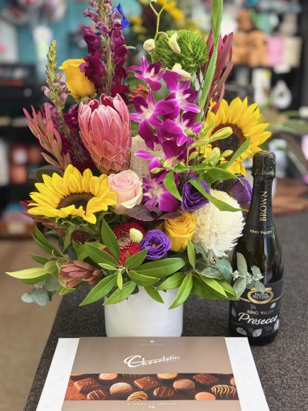 flowers wine and chocolates